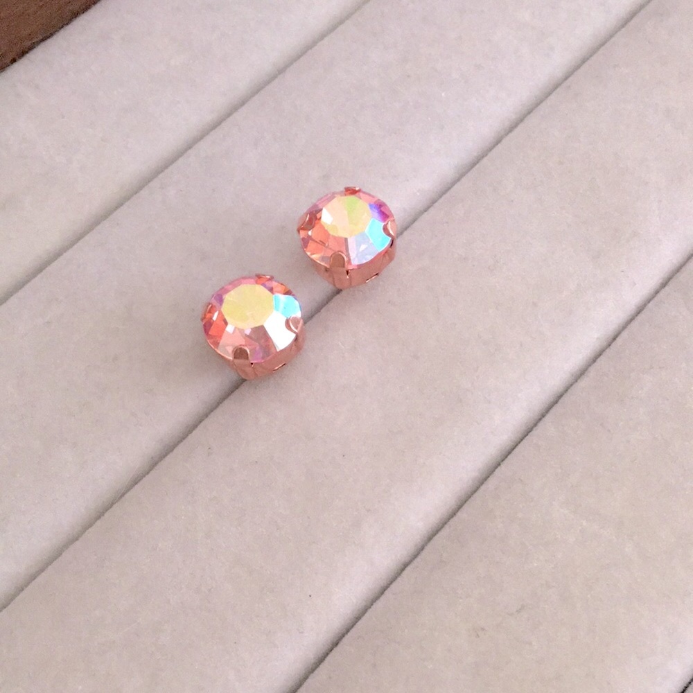 Iridescent Pink Rose Aurora Borealis Shimmer + Rose Gold Crystal Earrings - Picture 7 of 11